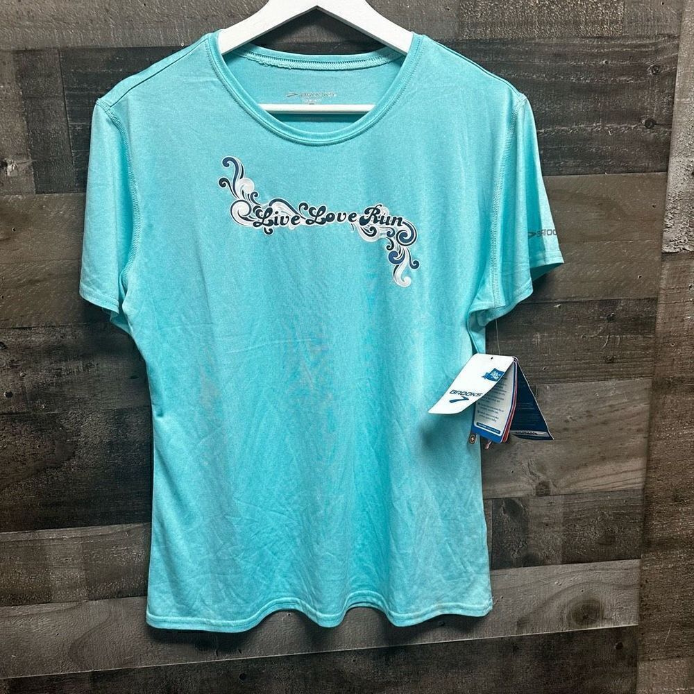 Brooks Women’s Size Large Live Love Run Athletic Shirt Blue Short Sleeve NWT